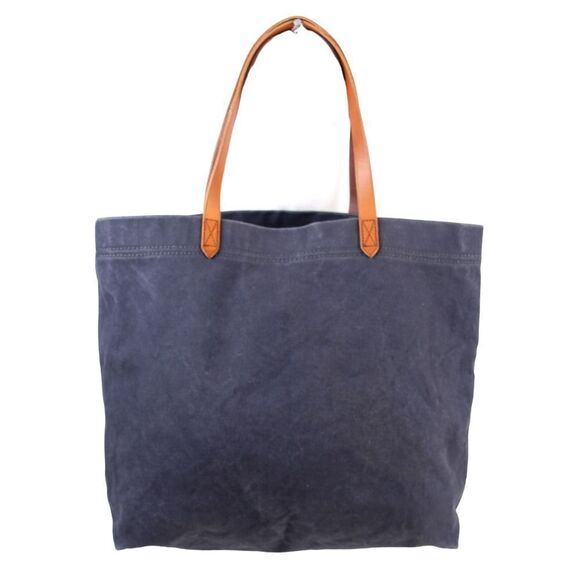 LARGE Madewell DARK BLUE COTTON BROWN LEATHER HANDLES SHOULDER BAG TOTE HANDBAG - Picture 1 of 12